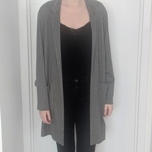 Grey Pinstriped Long Blazer Jacket